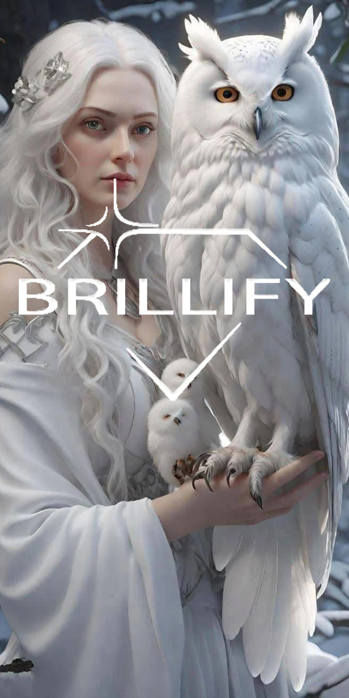 Diamond Painting Motiv Kriegerin mit weißer Eule im Schnee, Farbwelt Weiß, Eisblau, Stahlgrau, Gold