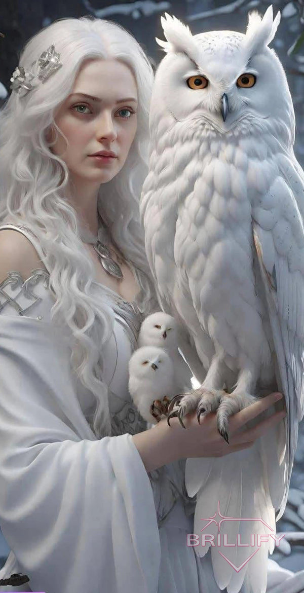 Diamond Painting Motiv Kriegerin mit weißer Eule im Schnee, Farbwelt Weiß, Eisblau, Stahlgrau, Gold