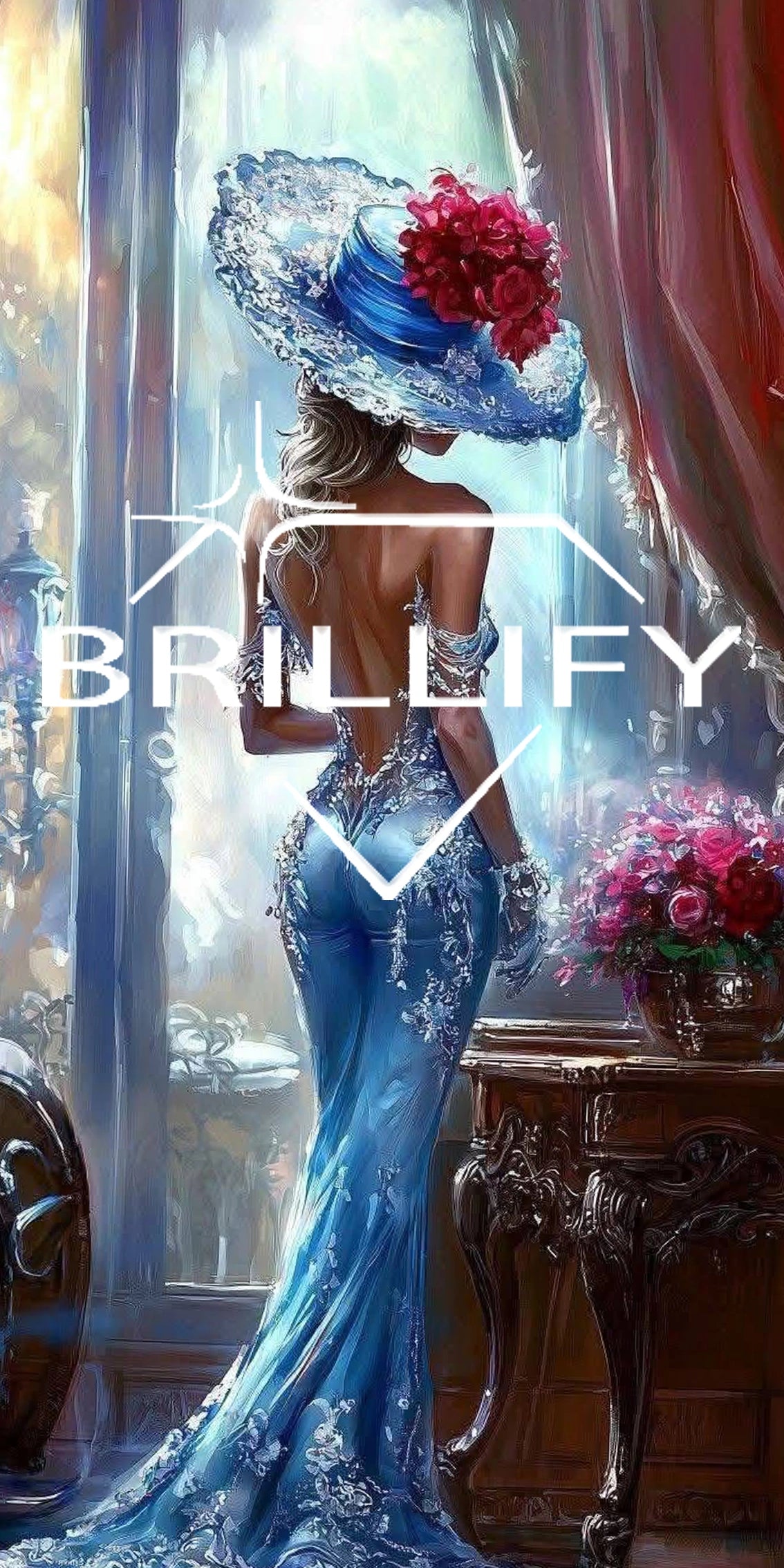 Diamond Painting Motiv Frau im blauen Kleid in edlem Interieur, Farbwelt Blau, Creme, Braun