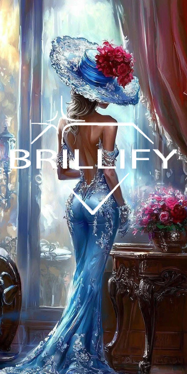 Diamond Painting Motiv Frau im blauen Kleid in edlem Interieur, Farbwelt Blau, Creme, Braun