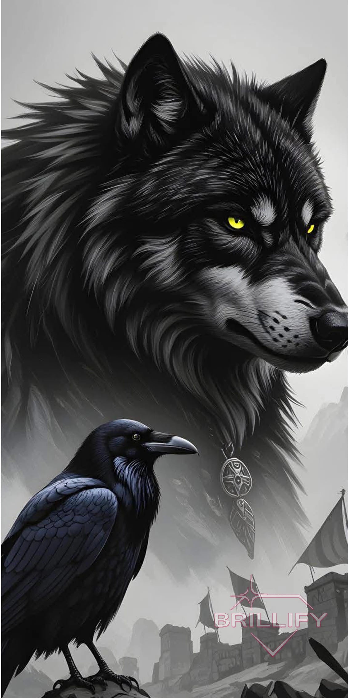 Diamond Painting Motiv schwarzer Wolf mit Rabe, Burg und Nebel, Farbwelt Schwarz, Anthrazit, Rauchgrau