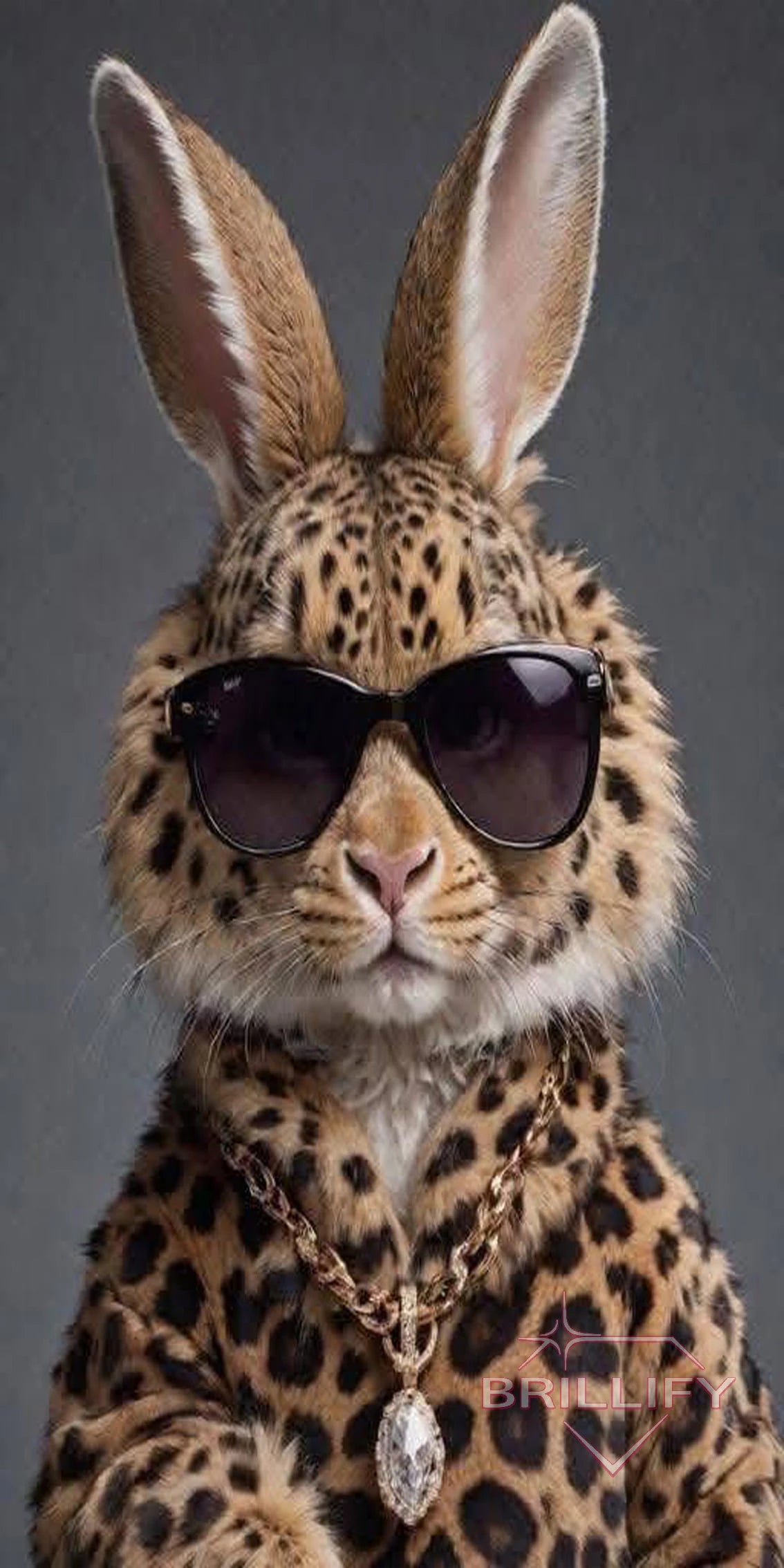 Diamond painting motif: rabbit with sunglasses in a leopard print pattern, color scheme beige, grey, black, brown