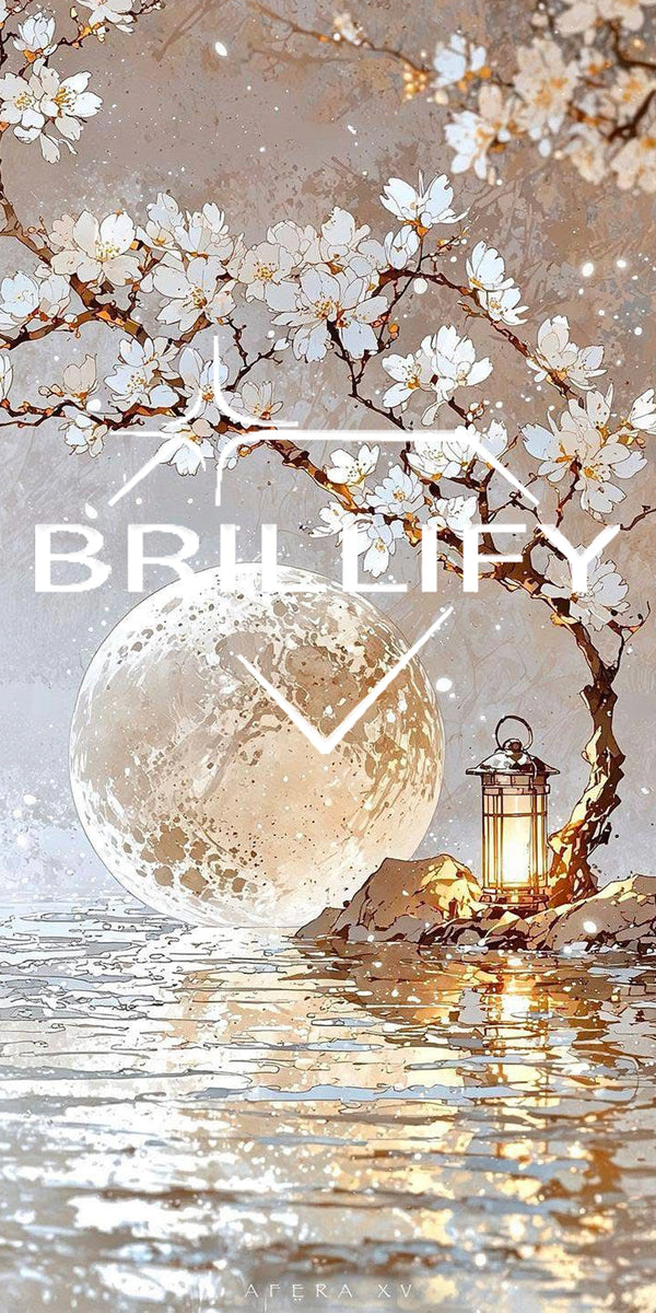 Diamond Painting mit Kirschblütenzweig, Vollmond und Laterne am See