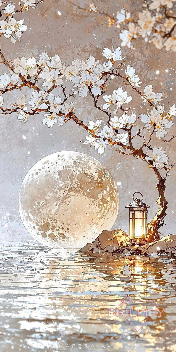 Diamond Painting Natur Vollmond hinter Kirschblütenzweig mit leuchtender Laterne am Wasser