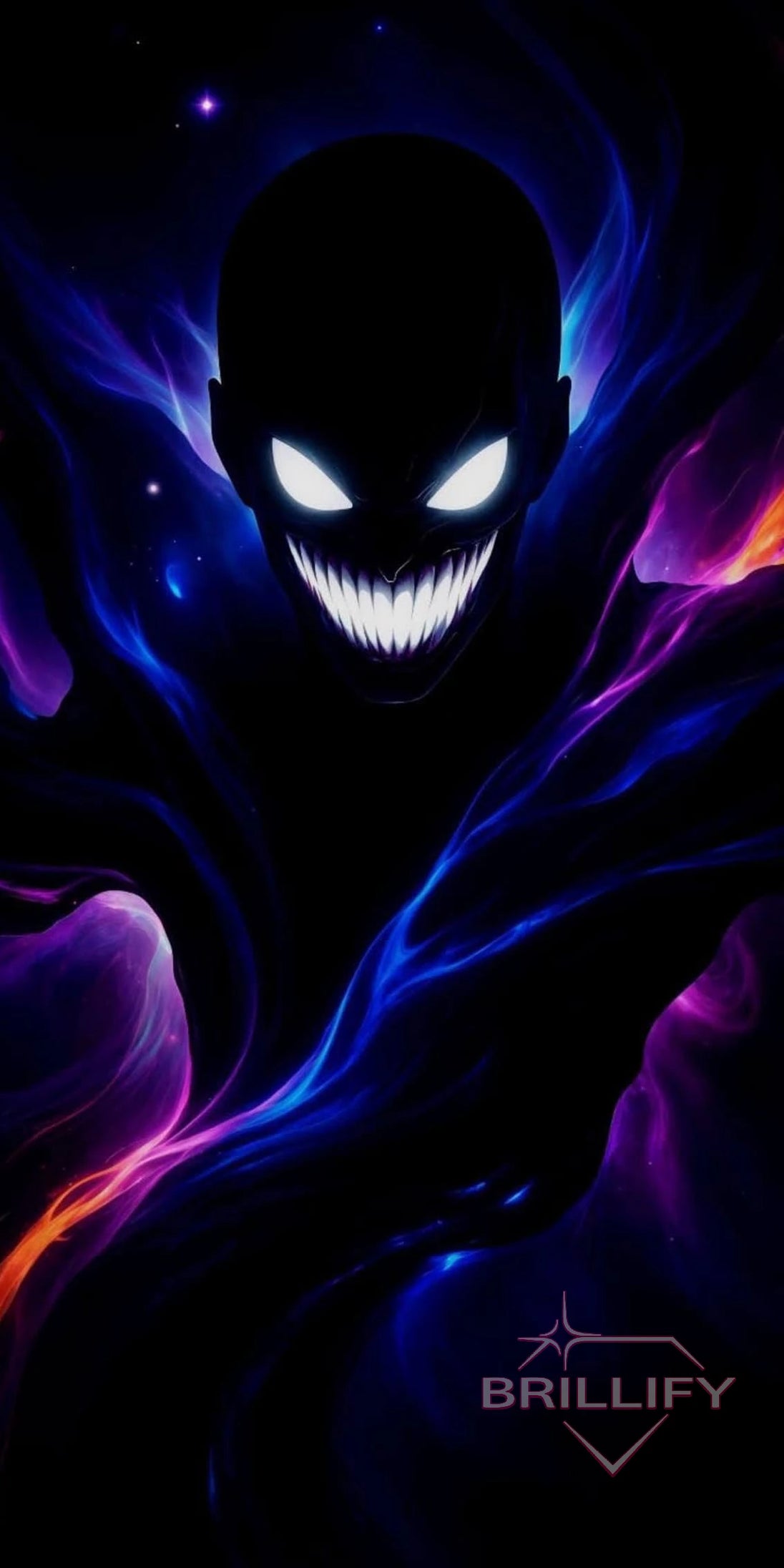 Diamond painting with a dark figure with glowing eyes and white teeth