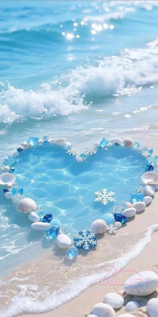Diamond Painting Landschaften Herzform aus blauen Steinen und Muscheln im Meereswasser