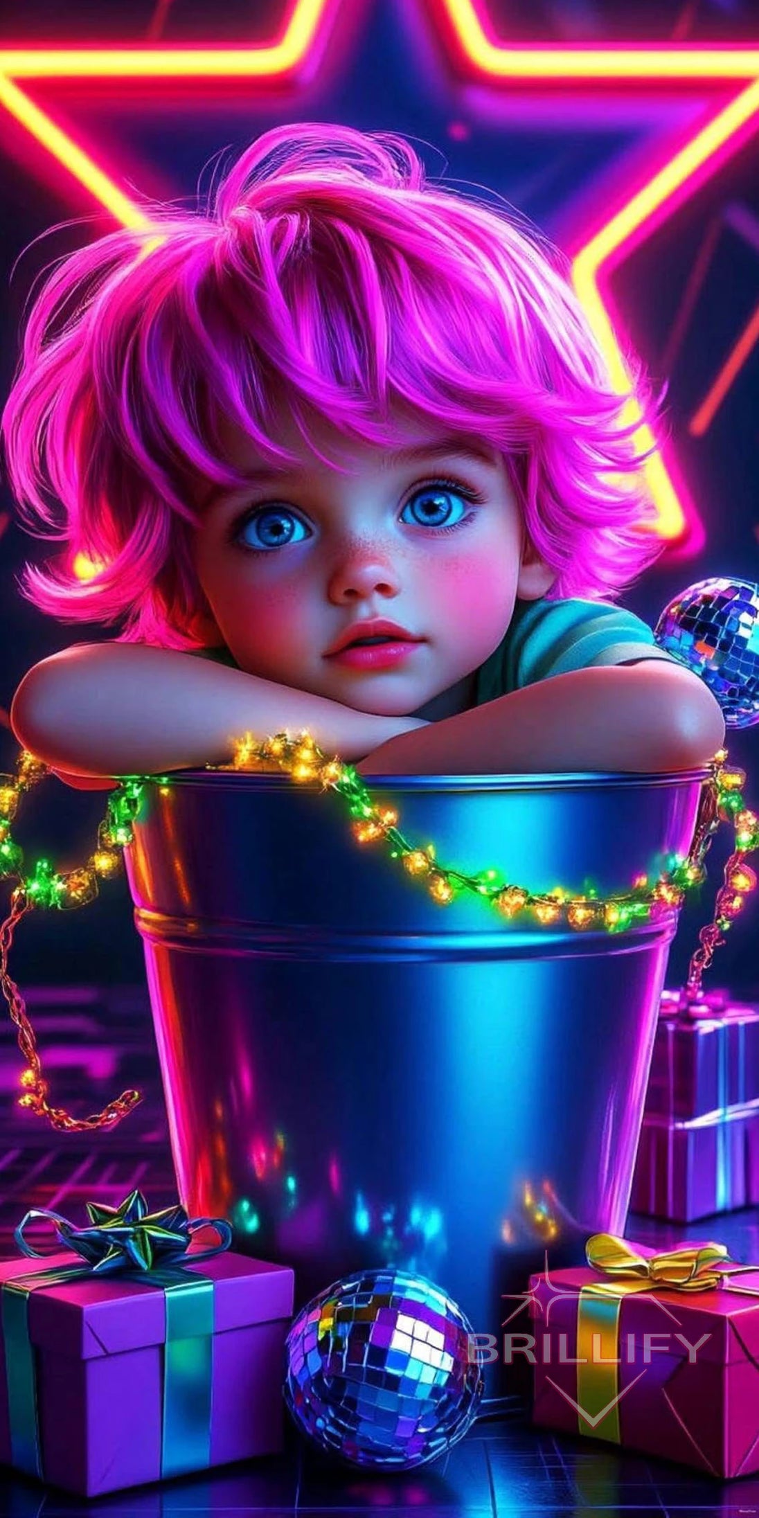 Diamond Painting Lifestyle Kind mit pinken Haaren im Eimer mit Neonsternen und Geschenken