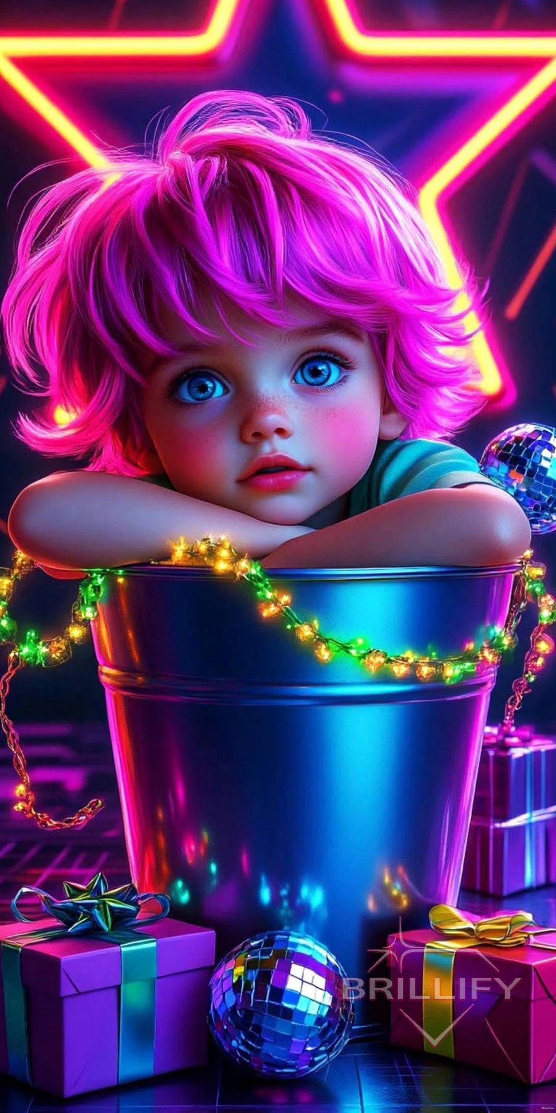 Diamond Painting Lifestyle Kind mit pinken Haaren im Eimer mit Neonsternen und Geschenken