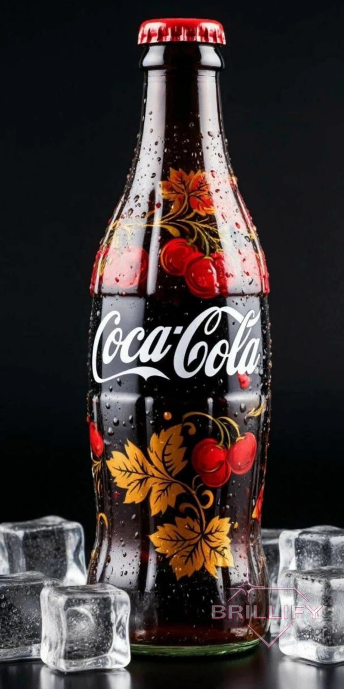 Diamond painting still life: Decorated glass bottle with cherry pattern on ice cubes