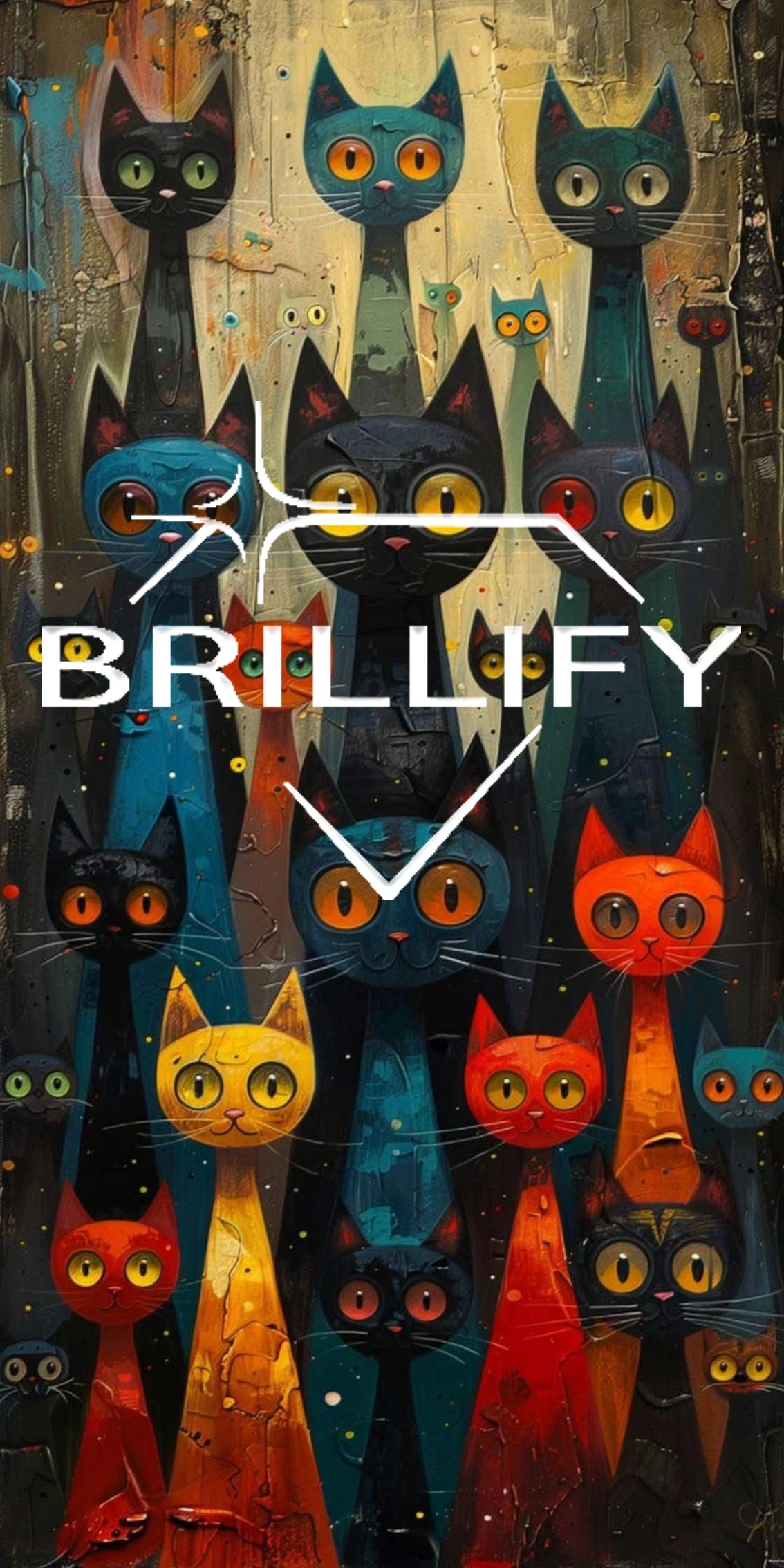 Diamond Painting mit stilisiert abstrakt gemalte Katzen mit großen Augen in klarer Farbgestaltung