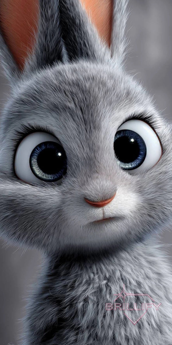 Diamond Painting Tiere Kleiner grauer Hase mit großen leuchtend blauen Augen