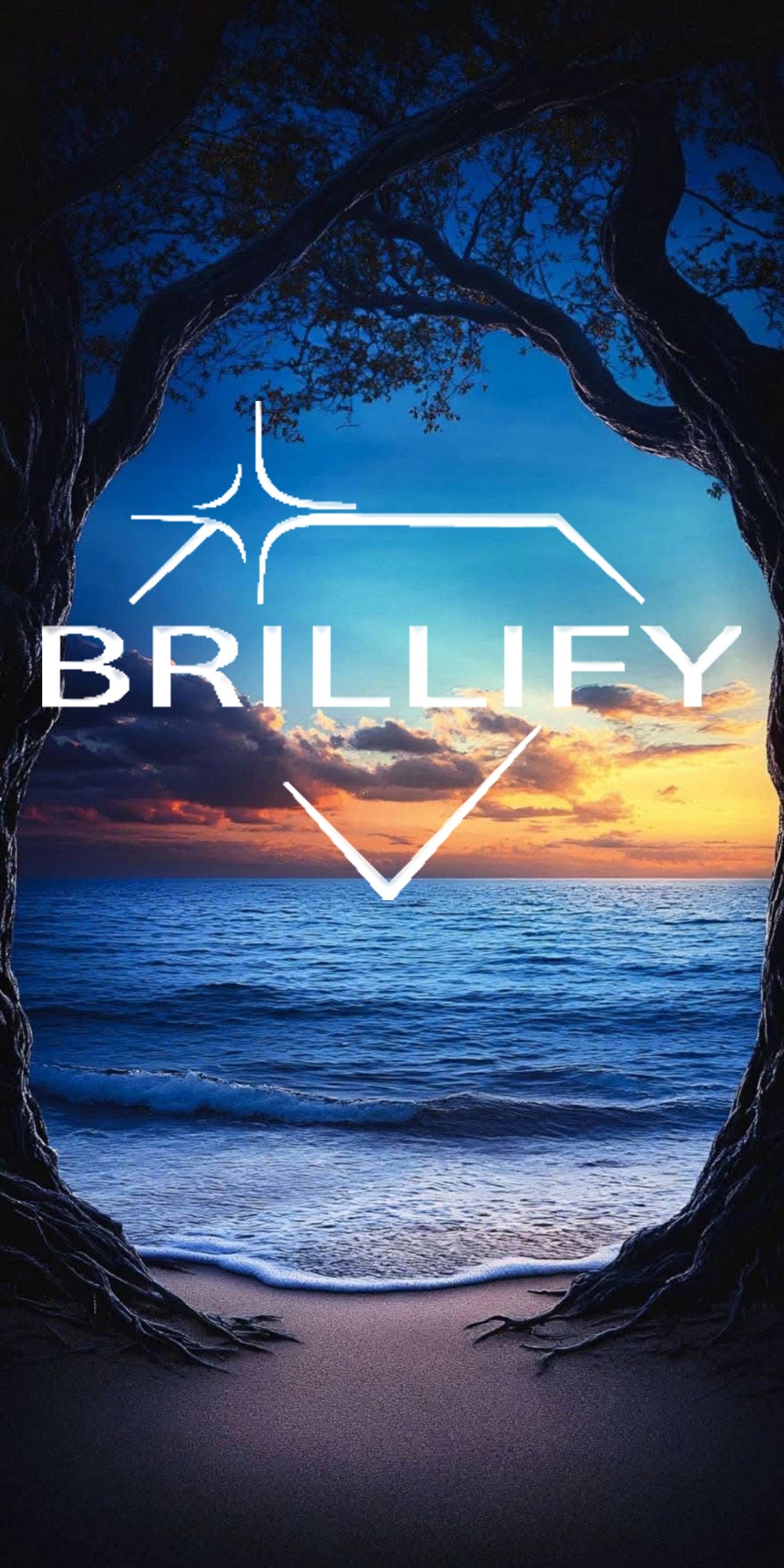 Diamond Painting mit Meerblick zwischen zwei Bäumen in klarer Farbgestaltung