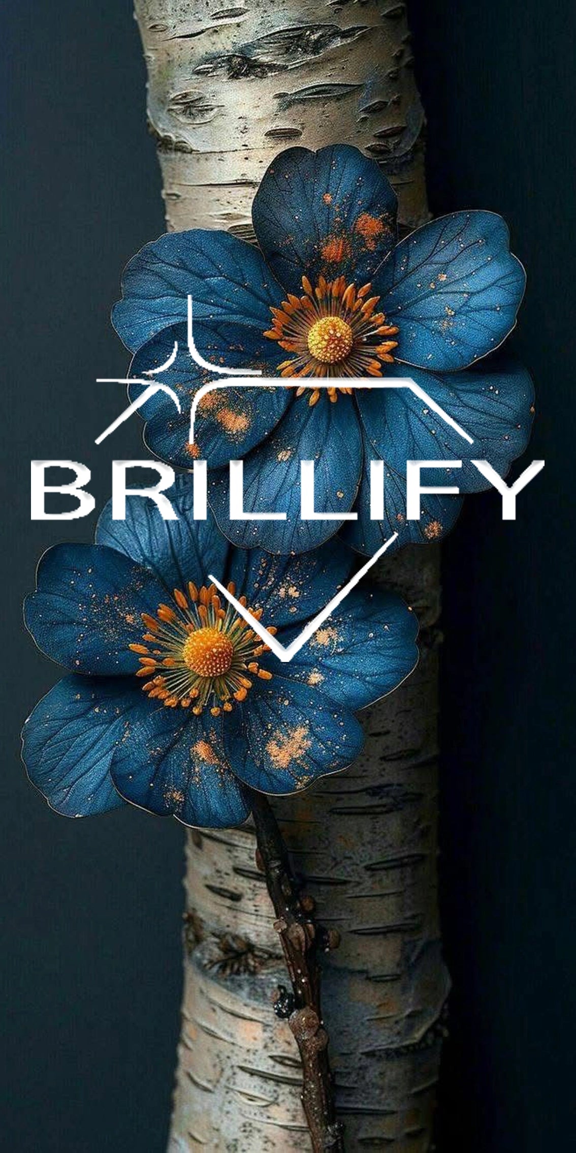 Diamond Painting mit dunkelblaue Blumen am Baumstamm in klarer Farbgestaltung