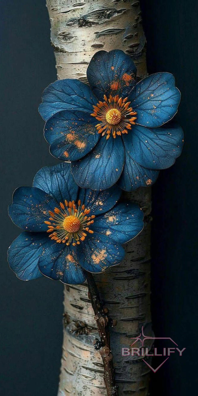 Diamond Painting Natur Blaue Blumen an Birkenstamm vor großem Vollmond Pixelvorschau