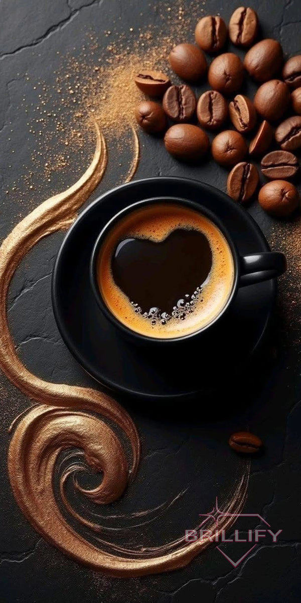 Diamond Painting Lifestyle Kaffeetasse mit Herz in der Crema und goldenem Wirbel