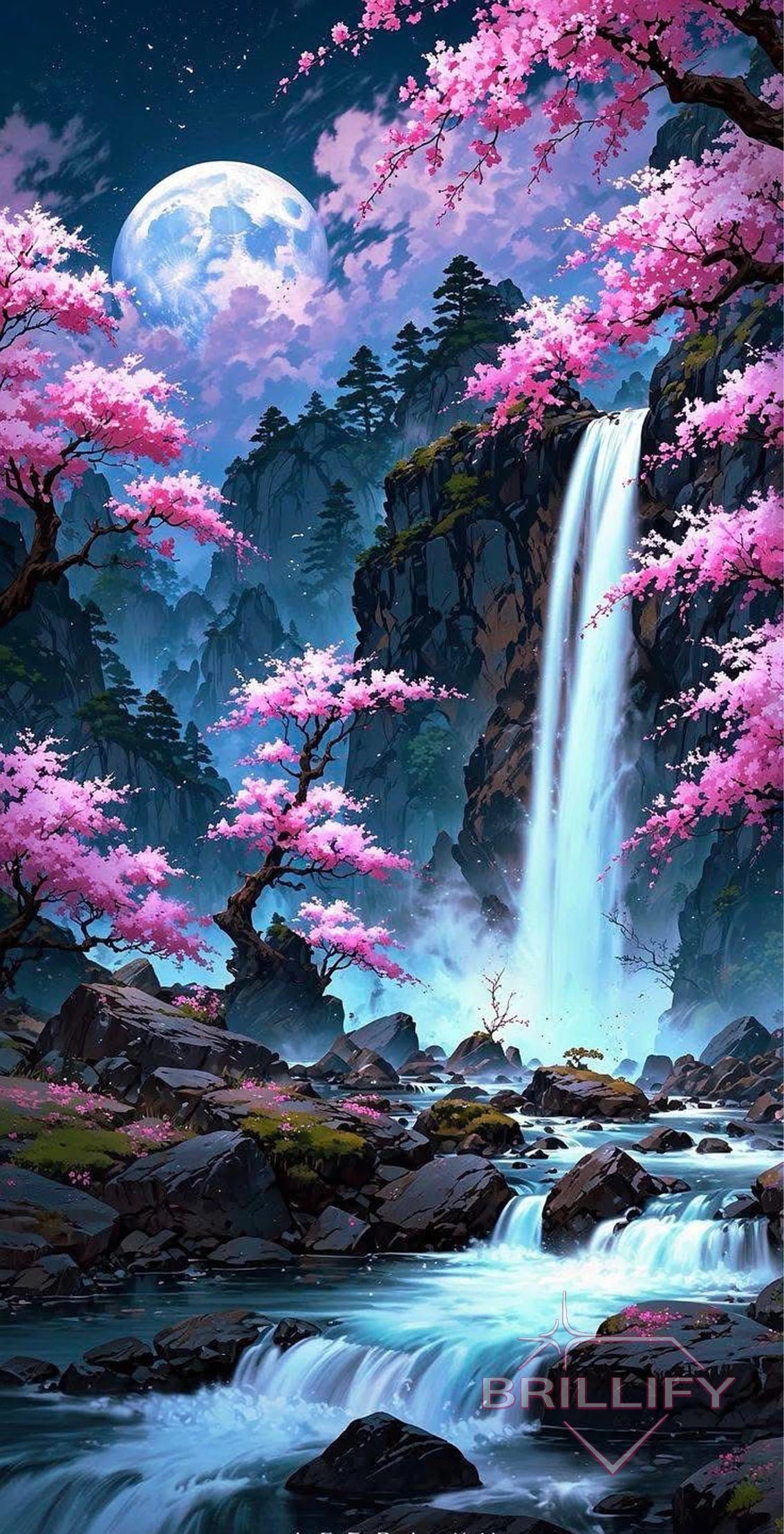 Diamond Painting Natur Wasserfall in Japan mit pinken Kirschblüten unter Vollmond