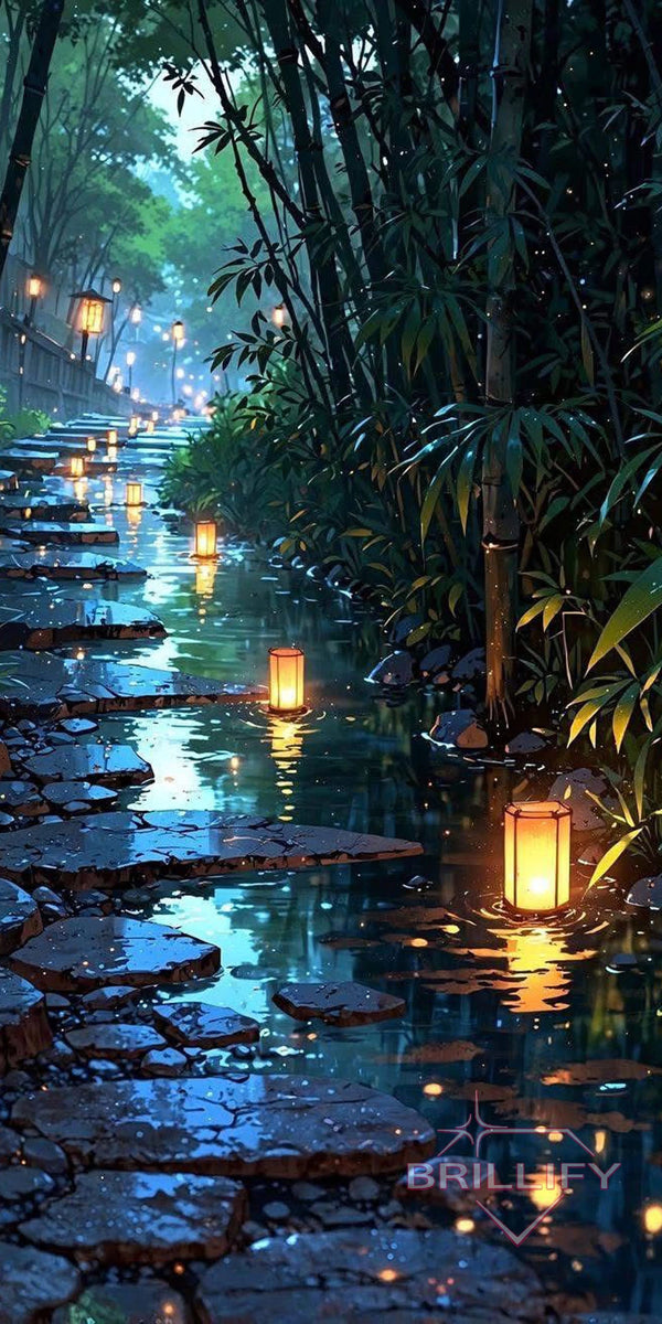 Diamond Painting Natur Bambuswald mit leuchtenden Laternen auf Steinpfad bei Nacht