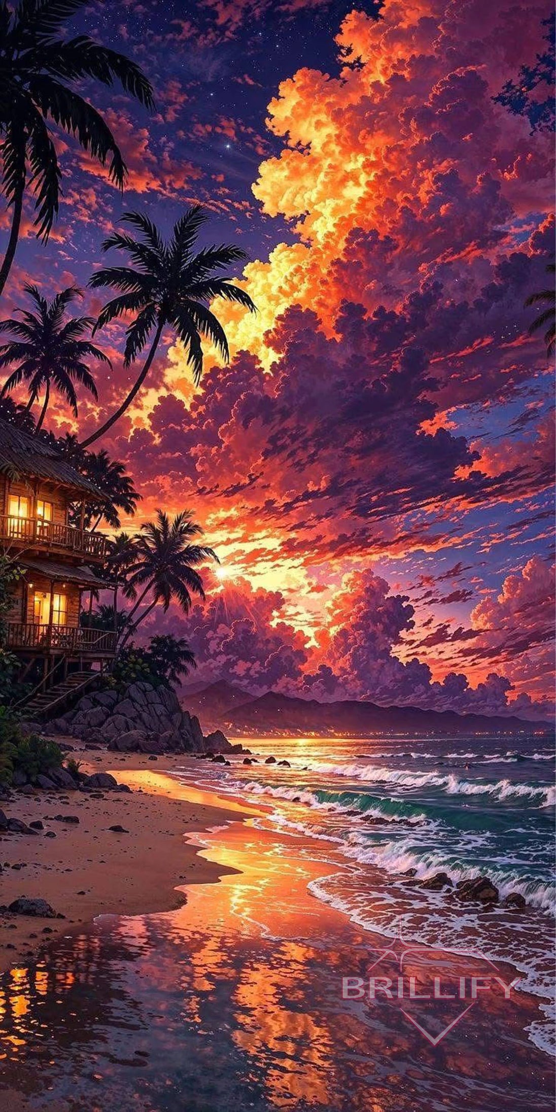 Diamond painting landscapes: Tropical beach with hut and palm trees at a glowing sunset