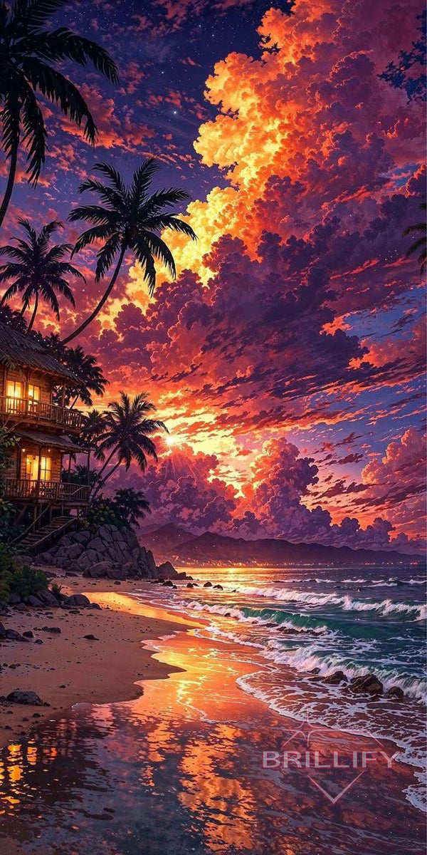 Diamond Painting Landschaften Tropischer Strand mit Hütte und Palmen bei glühendem Sonnenuntergang