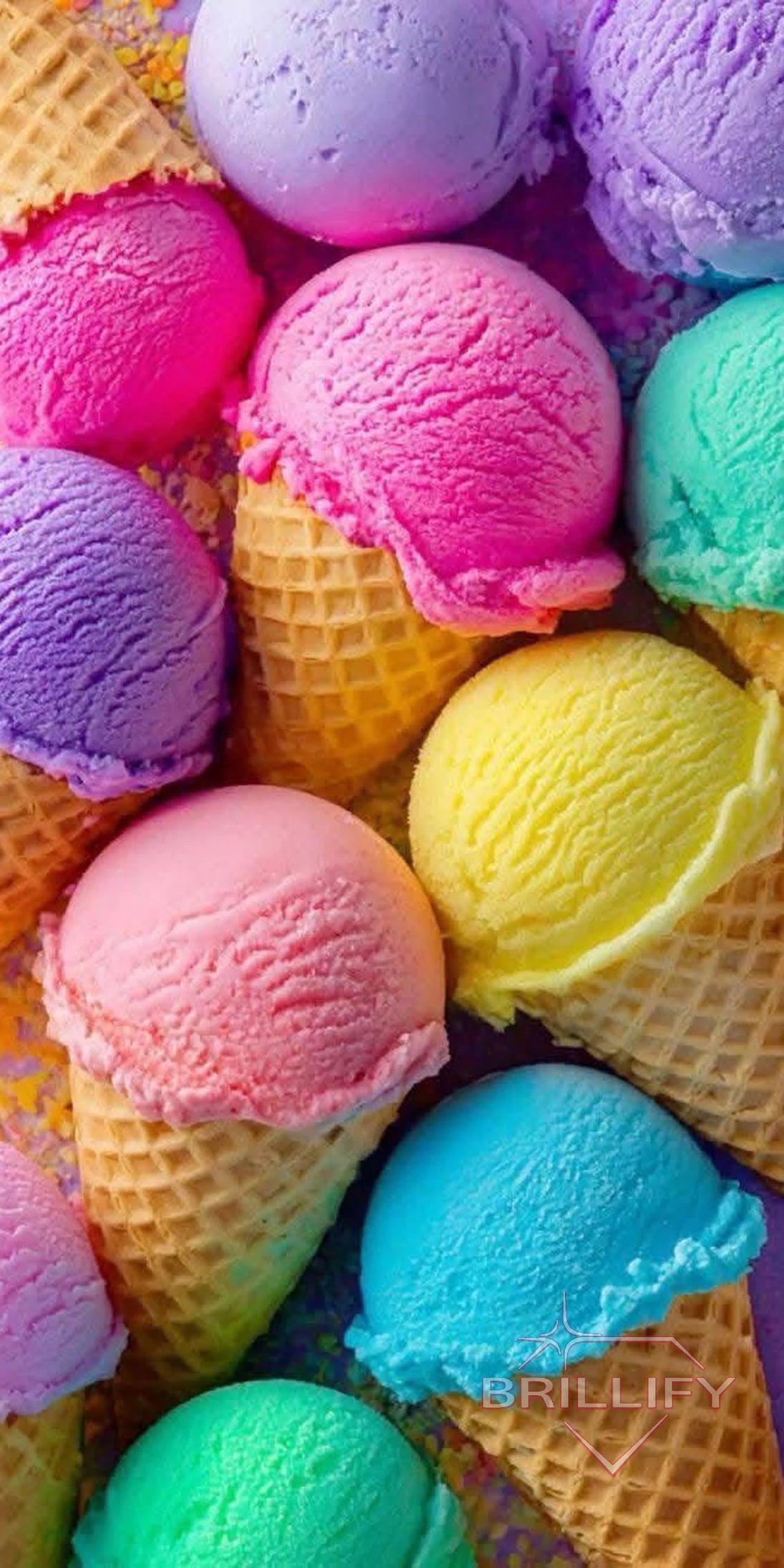 Diamond Painting Lifestyle: Many colorful ice cream cones with different scoops of ice cream in pastel colors
