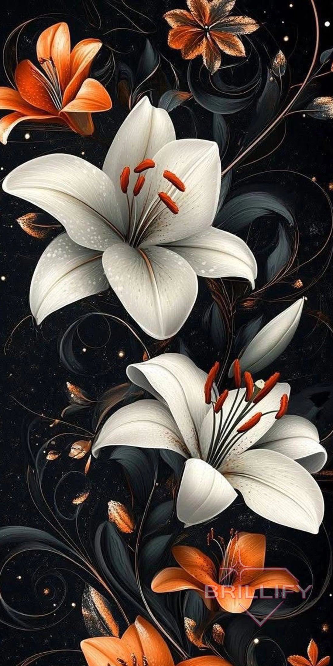Diamond Painting Blumen Weiße und orange Lilien mit schwarzen Schnörkel-Ornamenten