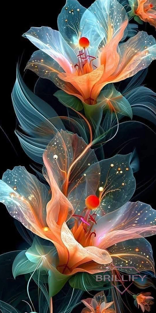 Diamond Painting Blumen Transparente Lilien mit glühendem orangefarbenem Kern auf Schwarz