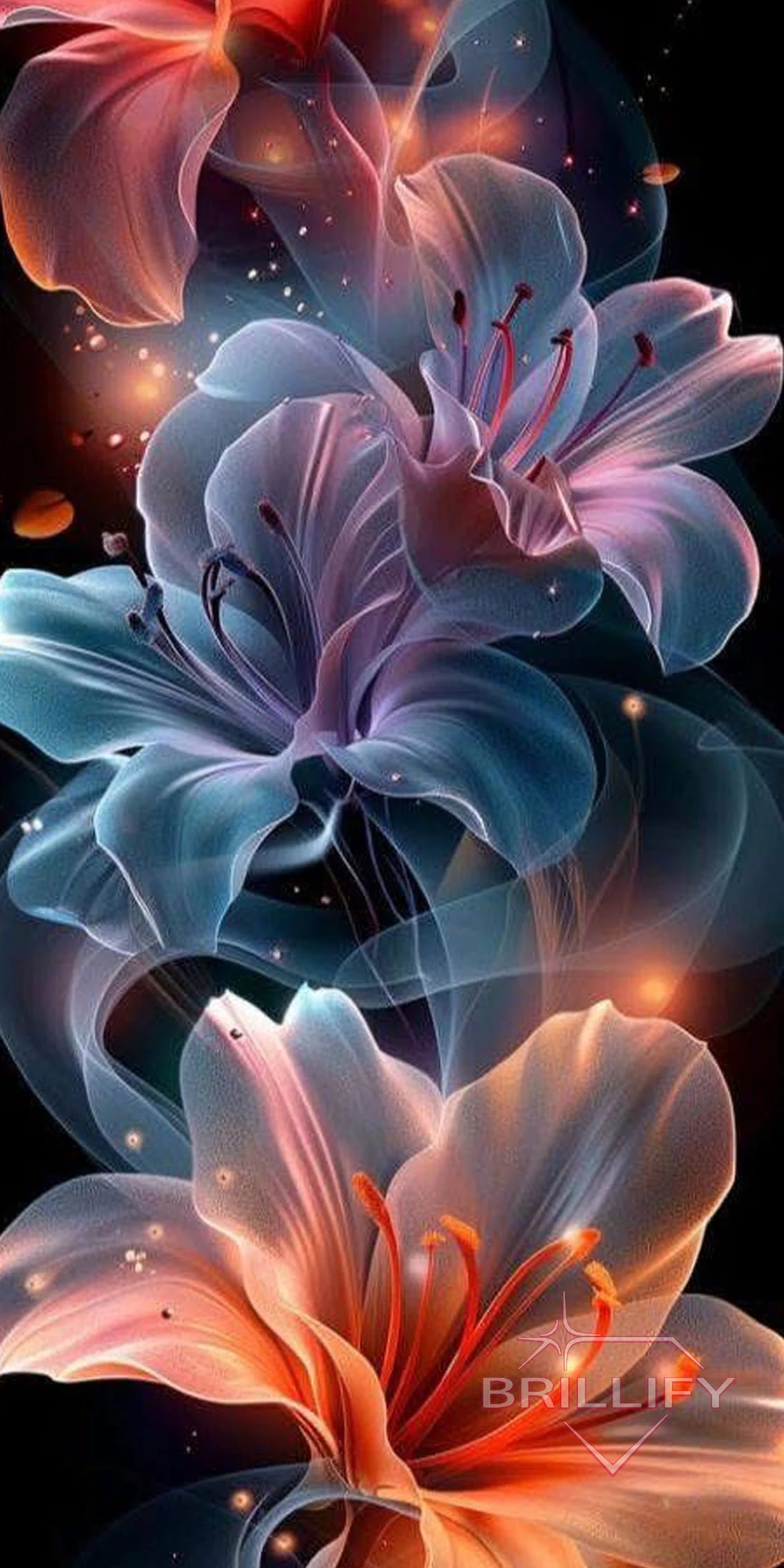 Diamond Painting Blumen Fluoreszierende Lilien mit violettem Lichtnebel und Partikeln