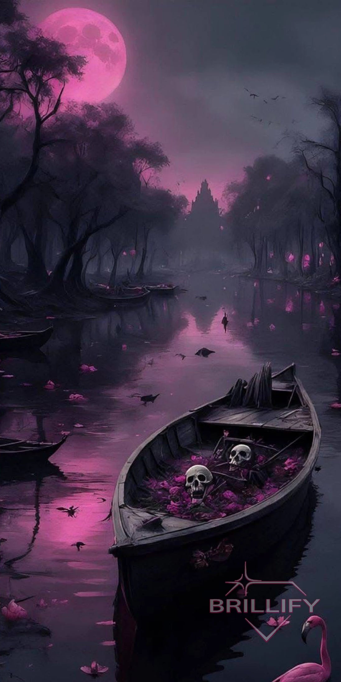 Diamond Painting Fantasy Boat with Skulls on a Purple River under a Pink Full Moon