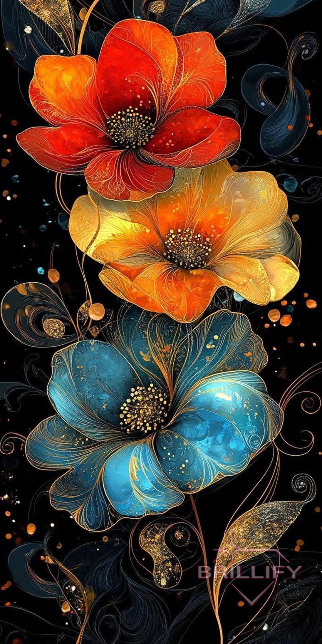 Diamond Painting Blumen Drei bunte Blüten mit goldenen Ornamenten auf schwarzem Hintergrund