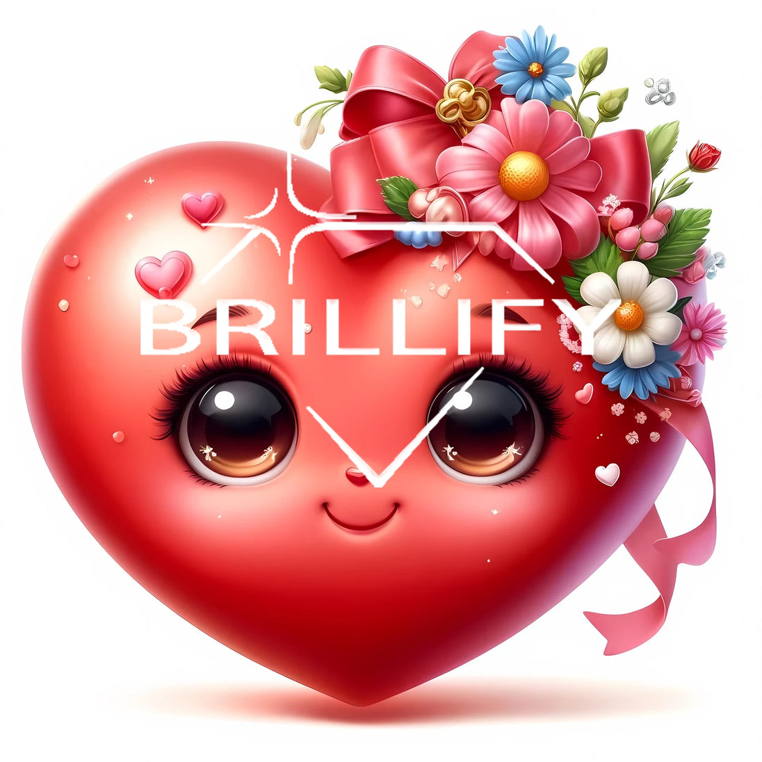 Diamond Painting kawaii Herzgesicht mit Schleife und Blumen, rote Farbverläufe, großer Blick