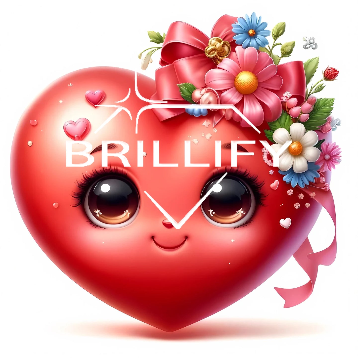 Diamond Painting kawaii Herzgesicht mit Schleife und Blumen, rote Farbverläufe, großer Blick