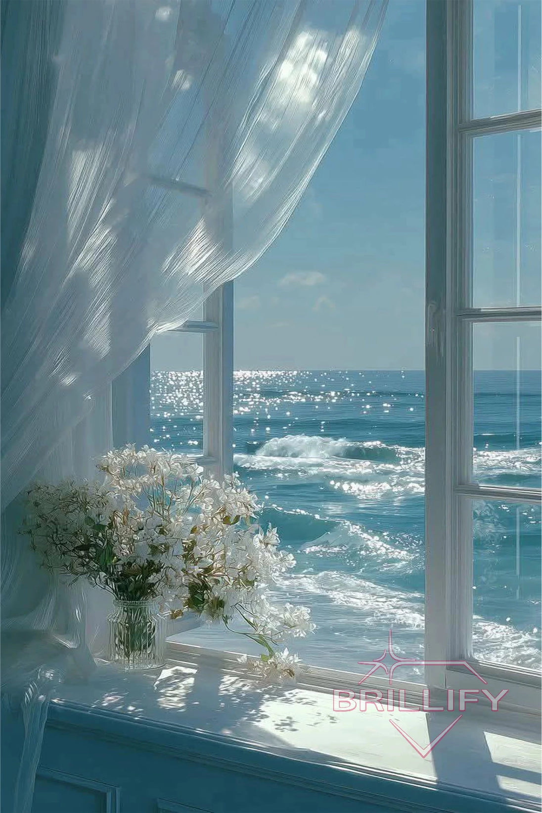 Diamond painting landscapes, view from the window of the glittering sea