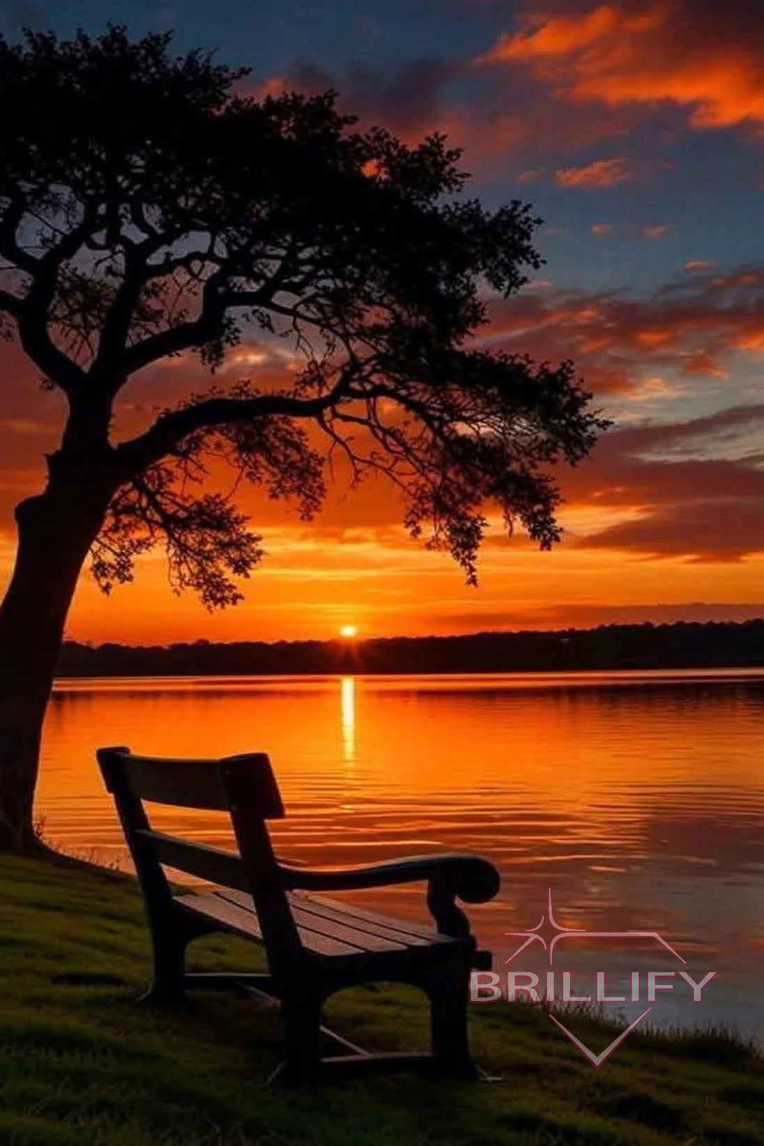 Diamond Painting Landschaften Bank am See unter Baum bei Sonnenuntergang