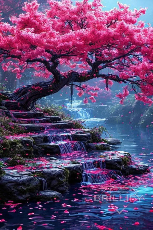 Diamond Painting Natur Pinker Kirschblütenbaum am blauen Wasserfall-Fluss