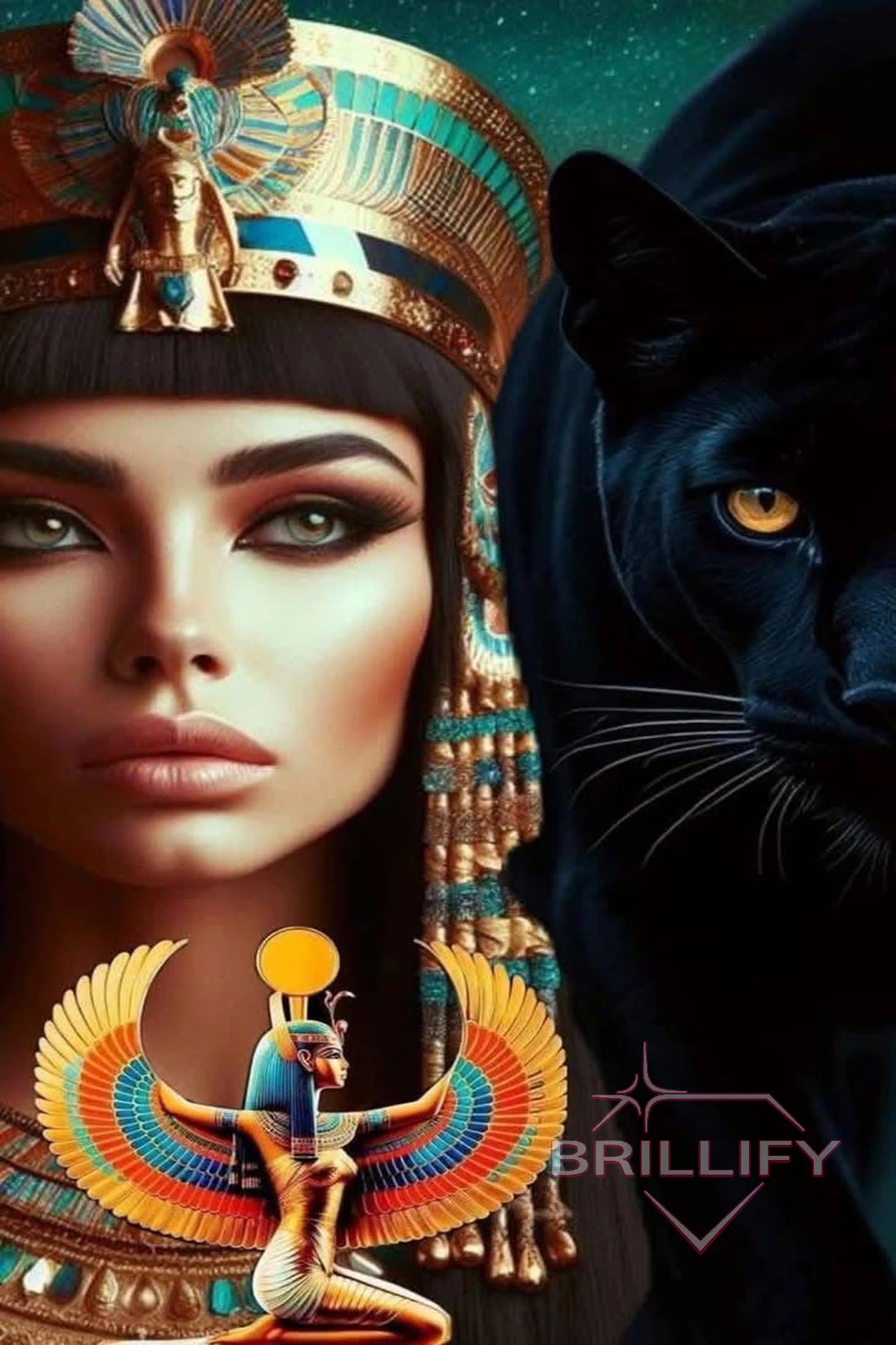 Diamond Painting Fantasy Ägyptische Frau mit Goldkrone und schwarzem Panther