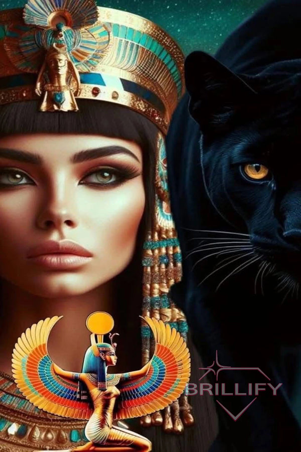 Diamond Painting Fantasy Egyptian Woman with Gold Crown and Black Panther