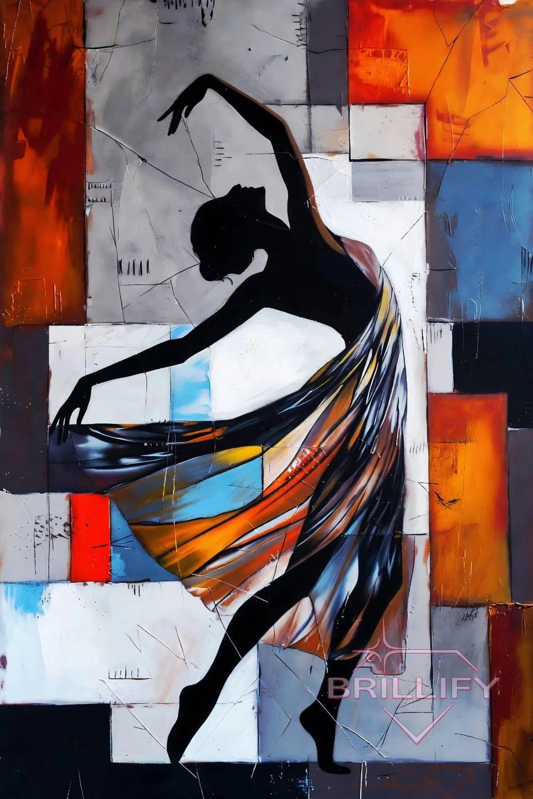 Diamond Painting Abstract Black silhouette of a dancer in front of colorful squares