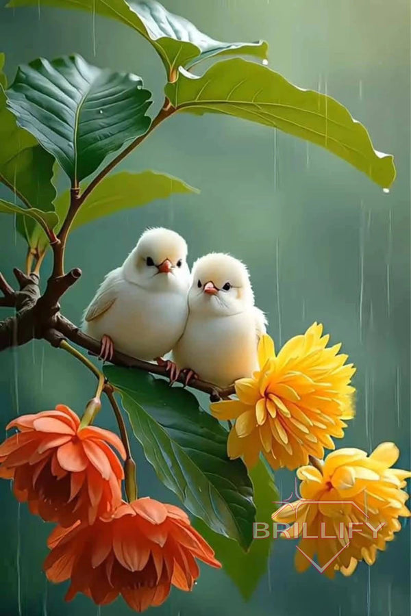 Diamond Painting Tiere Zwei kleine weiße Vögel auf Ast mit orangefarbenen Blumen im Regen