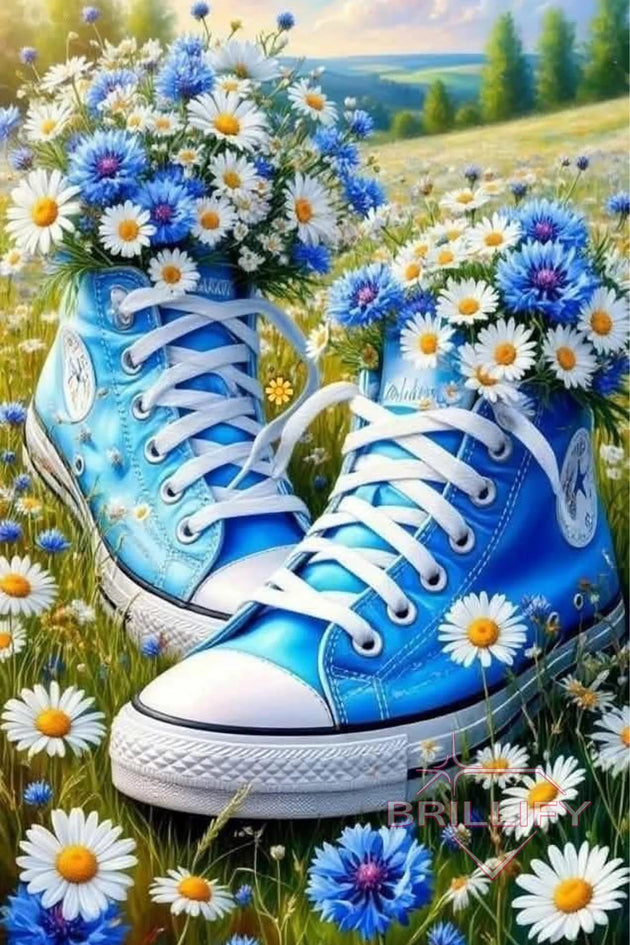Diamond Painting Lifestyle Blaue Sneaker mit Blumenwiese und Gänseblümchen
