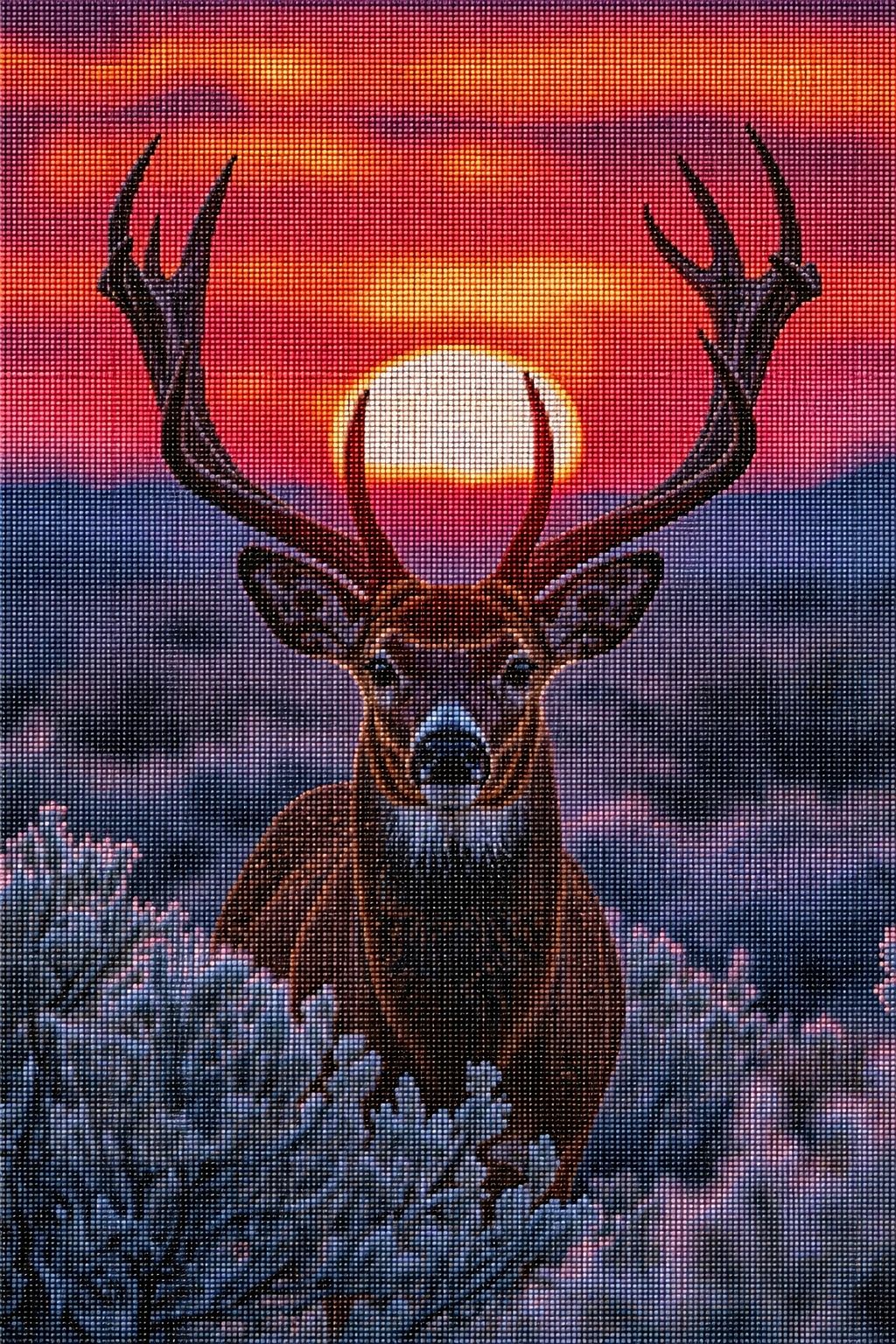 Diamond Painting mit Hirsch und großem Geweih vor einem orangefarbenen Sonnenuntergang. Mockup.