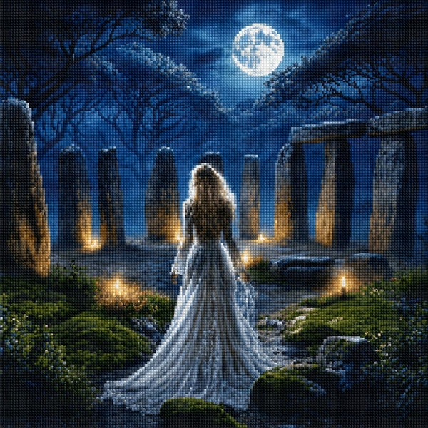 Diamond painting with a ghost woman in a white dress, full moon, Stonehenge, fog and candles. Mockup.
