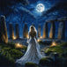 Diamond Painting mit Geisterfrau im weißen Kleid, Vollmond, Stonehenge, Nebel und Kerzen. Mockup.