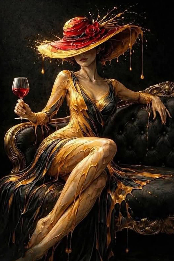 Elegante Frau mit rotem Hut und Weinglas als Diamond Painting im Glamourstil.