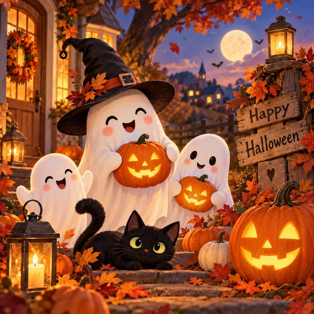 Diamond Painting mit drei weißen Geistern, Kürbissen, schwarzer Katze und Laternen im Herbst.