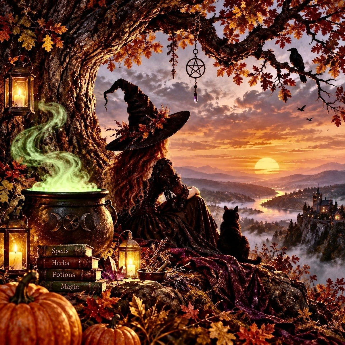 Diamond Painting mit Hexe, schwarzer Katze, Zauberkessel, Herbstlaub und Sonnenuntergang über einer Berglandschaft.