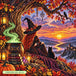 Diamond Painting mit Hexe, schwarzer Katze, Zauberkessel, Herbstlaub und Sonnenuntergang über einer Berglandschaft. Mockup