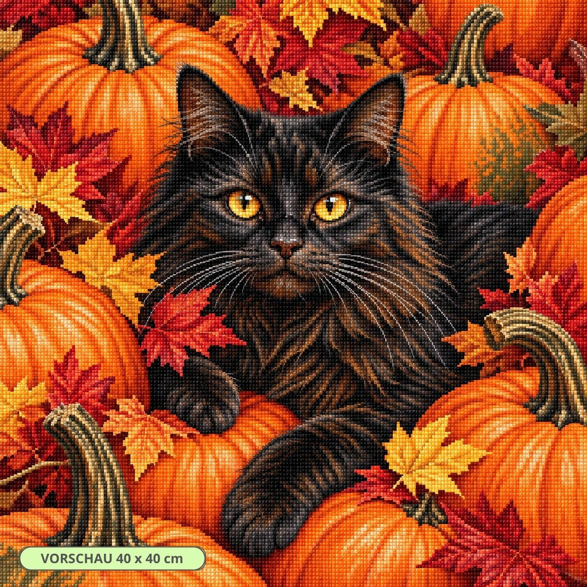 Diamond Painting mit schwarzer Langhaarkatze zwischen orangefarbenen Kürbissen und rotem Herbstlaub. Mockup.
