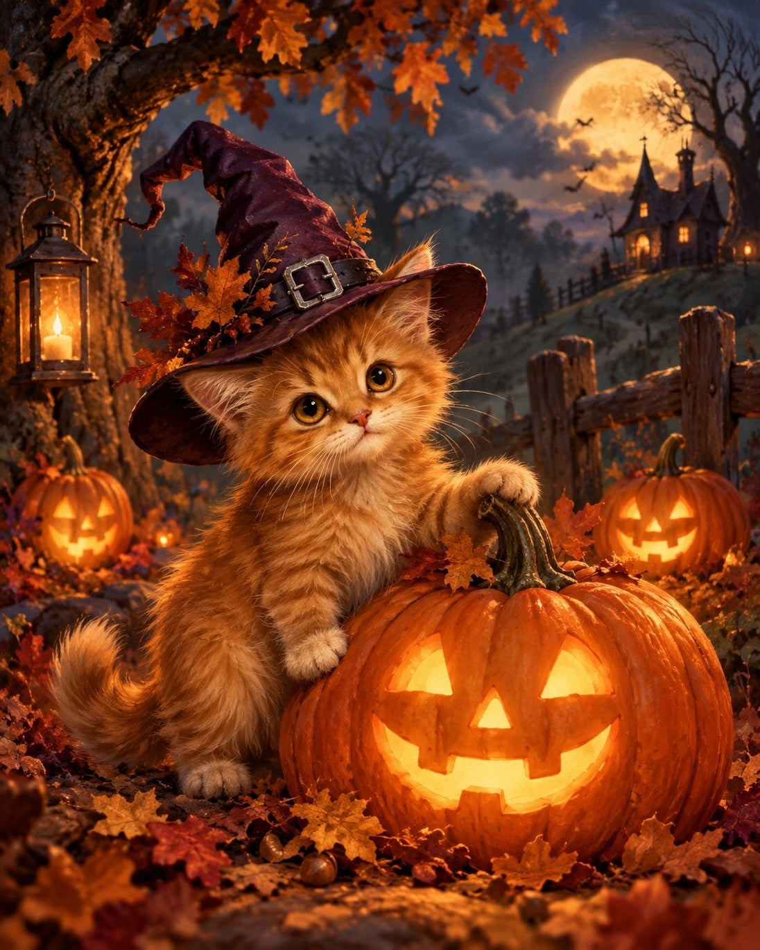 Diamond Painting mit orangefarbenem Kater im Hexenhut zwischen Kürbissen und Herbstlaub.