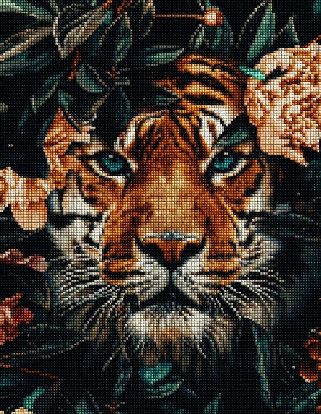 Diamond Painting eines Tigers mit türkisen Augen, umrahmt von dunklen Blättern und hellen Pfingstrosen. Mockup.