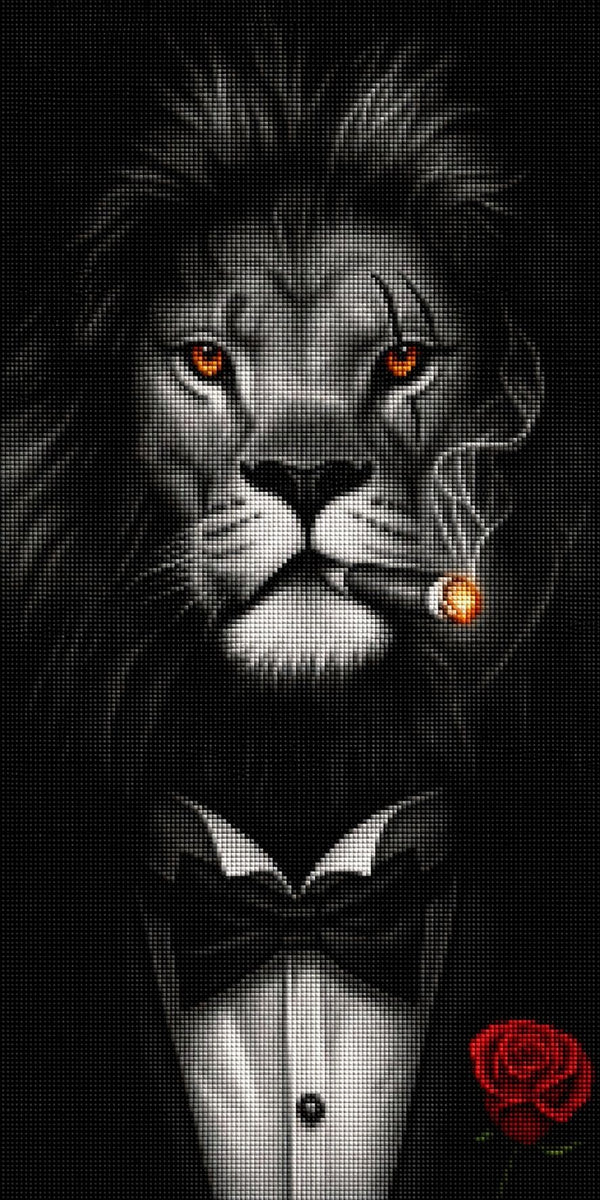 Diamond Painting eines Löwen im Anzug mit glühend orangen Augen und einer brennenden Zigarre im Mund. Mockup.